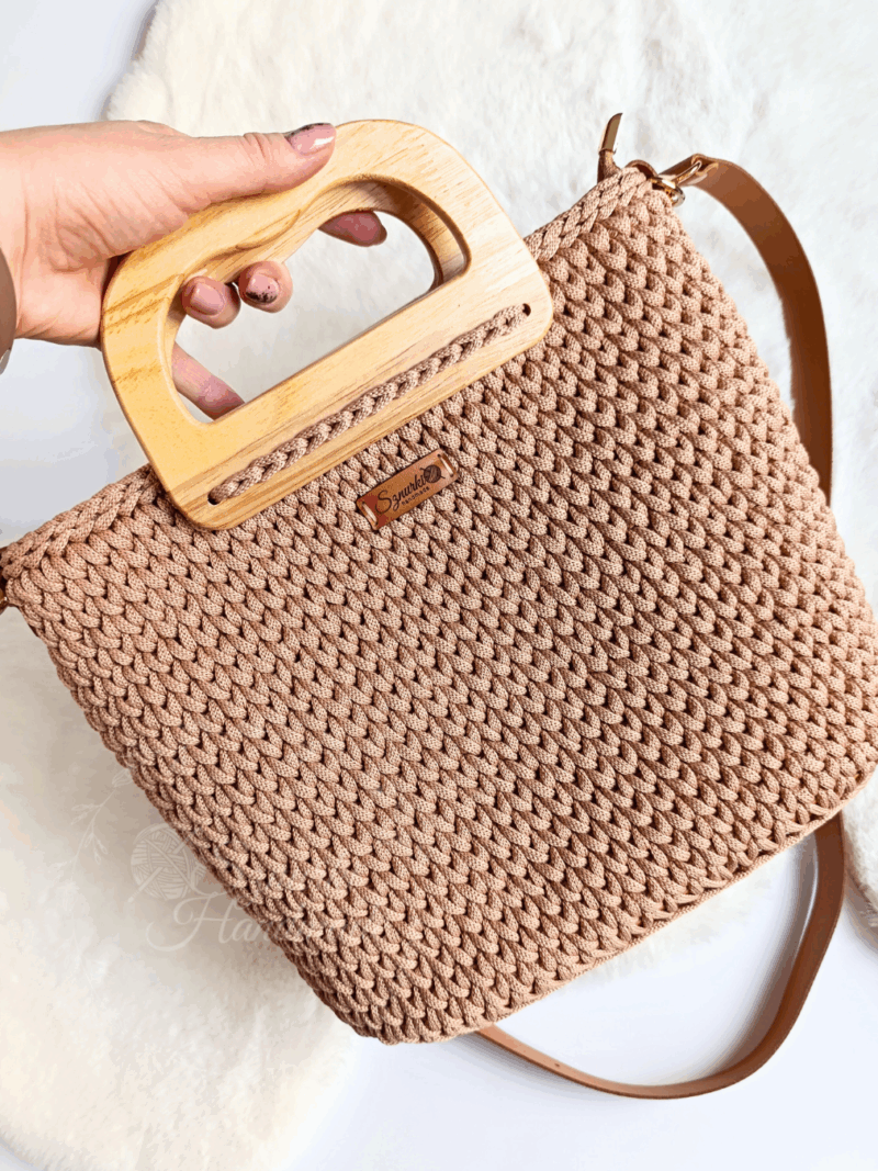 Koszyk z drewnianymi rączkami i suwakiem- Biszkoptowy GOTOWA DO WYSYŁKI